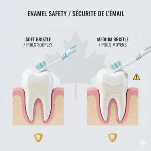Educational illustration showing how a medium bristle toothbrush can impact tooth enamel compared to the safety of soft bristles.