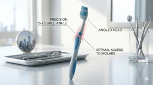 Technical illustration of a toothbrush with a 15-degree angled neck designed for superior reach in hard-to-access areas of the mouth.