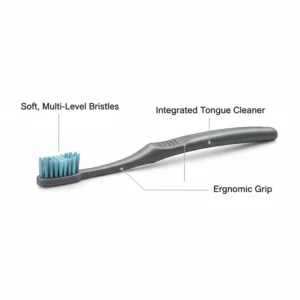 Diagram of a toothbrush with built-in tongue cleaner showing soft bristles and a textured scraper back.