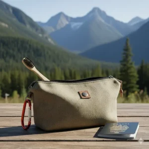 A charcoal toothbrush tucked into a travel kit next to a Canadian passport, ideal for hiking and camping trips in BC or Ontario.