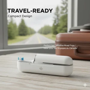 Portable whitening toothbrush in a compact travel case displayed for a Canadian road trip lifestyle.