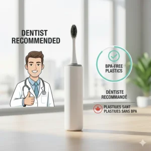 Product illustration of a travel toothbrush with case showing bilingual English and French labels (Brosse à dents de voyage).