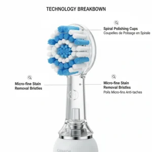Detailed close-up illustration of whitening toothbrush technology showing spiral polishing cups and stain-removal bristles.