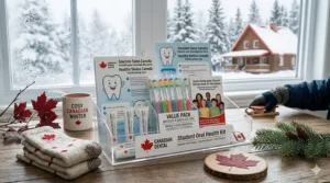 A cozy, Canada-inspired flat lay with bulk manual toothbrushes, a maple leaf icon, and oral hygiene essentials.