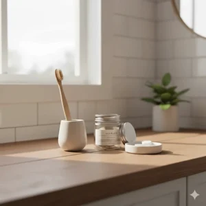 A minimalist illustration of a zero-waste dental kit featuring a wood toothbrush and silk floss for Canadian consumers.