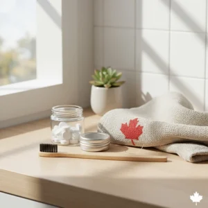 A flat-lay illustration of a bamboo toothbrush, silk floss, and toothpaste tablets, popular among Canadian eco-conscious consumers.