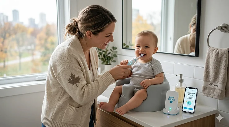 A Canadian parent smiling while using a smart AI toothbrush for their baby in a bright, modern bathroom. best baby toothbrush