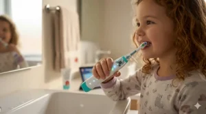 Close-up of an AI toothbrush for kids showing smart pressure sensors designed to protect developing Canadian smiles.