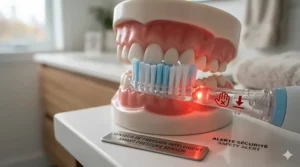 Illustration of a baby AI toothbrush with a pressure sensor alert to protect sensitive gums, a top choice for Canadian infant dental care.