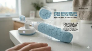 Illustration highlighting the ergonomic easy-grip handle of the best AI toothbrush for small Canadian hands.