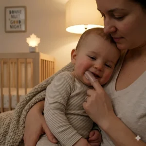 A cozy evening scene in a Canadian home showing a silicone finger toothbrush for babies as part of a healthy bedtime habit.