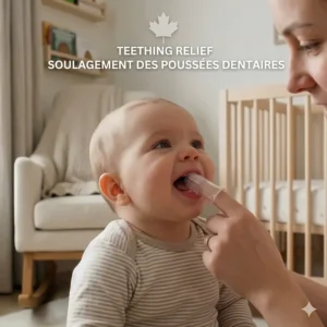 Illustration of a baby finding relief from teething discomfort using a textured silicone finger toothbrush on sore gums.