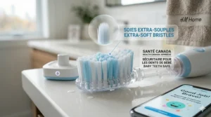 Close-up illustration of BPA-free soft bristles on an AI toothbrush designed for Canadian safety standards.