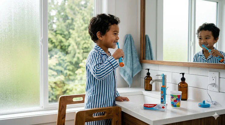 A 5-year-old Canadian child using a top-rated kids' electric toothbrush in a bright bathroom, promoting healthy dental habits.