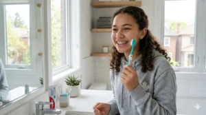 A smiling teenager with ceramic braces holding a specialized orthodontic toothbrush in a bright Canadian bathroom, showcasing effective oral care.