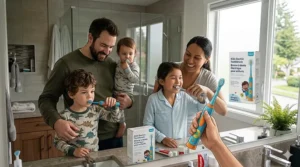 Illustration of a kids electric toothbrush box featuring clear bilingual English and French labeling for the Canadian market.