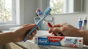 Canadian retail packaging for Oral-B and Colgate manual toothbrushes featuring English and French (Français) text.
