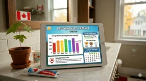 A digital dashboard tracking a child's weekly brushing habits via a smart toothbrush app for Canadian parents.