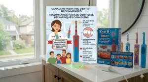 Friendly illustration of a dentist recommending the Disney electric toothbrush for kids to a Canadian family during a check-up.