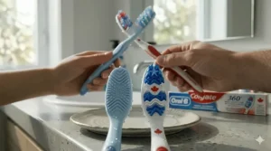 Comparison of the cheek and tongue cleaner textures on the back of Colgate and Oral-B manual toothbrush heads.