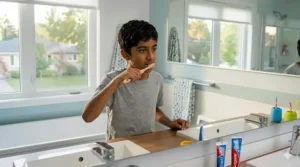 A young boy using a blue kids manual toothbrush during his morning routine.