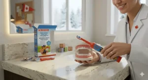 A high-resolution 4K overhead shot of the complete Paw Patrol electric toothbrush kit including the bilingual manual and replacement brush heads.