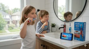 Digital illustration of a smartphone showing a Disney character timer app to help Canadian children brush for the dentist-recommended two minutes.