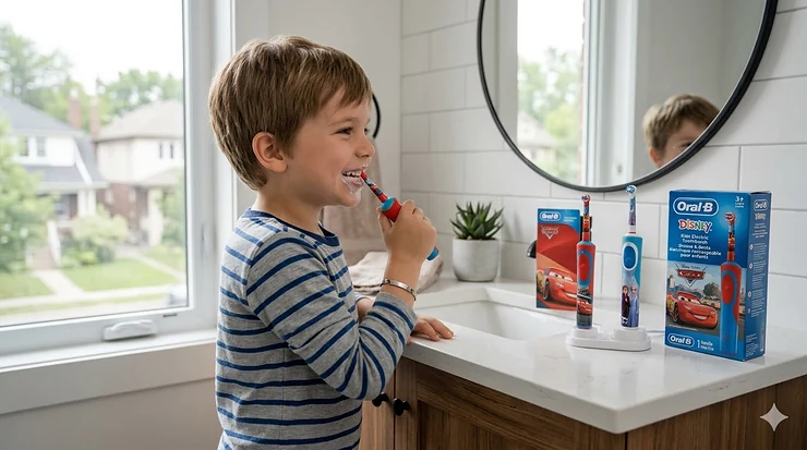 A young child happily using a Disney electric toothbrush for kids in a modern Canadian bathroom, featuring bilingual English and French packaging on the counter.