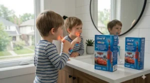 Detailed illustration of the official Disney electric toothbrush packaging featuring both English and French text for Canadian consumers.