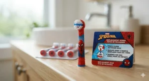 A child's hand holding a Spiderman electric toothbrush showing the ergonomic non-slip grip.