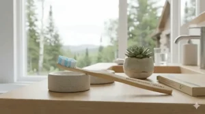 Illustration of a sustainable manual toothbrush for sensitive teeth, reflecting Canadian environmental values and waste reduction.
