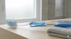 Detailed illustration of a non-slip ergonomic handle on a manual toothbrush for sensitive teeth, designed for precision and comfort.