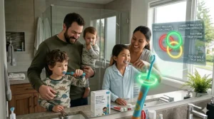 Ergonomic handle illustration of a kids electric toothbrush being held by a small child to show ease of use and grip.