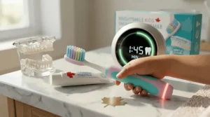 Illustration of an easy-grip, non-slip handle designed specifically for small hands using a sonic toothbrush for sensitive kids teeth.