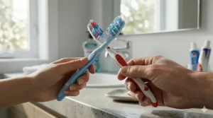 Illustration showing the grip and handle design of Oral-B and Colgate manual toothbrushes for comfortable brushing.