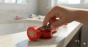 A hand demonstrating how to change AAA batteries in the bottom compartment of a Paw Patrol electric toothbrush for kids, set against a marble countertop.