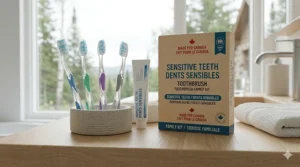 An array of manual toothbrushes for sensitive teeth in different colors, featuring Health Canada compliant bilingual packaging.