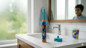 A colorful, space-themed electric toothbrush designed to make brushing fun for a 5-year-old.
