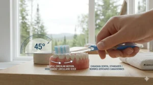 A diagram showing the proper 45-degree angle for using a manual toothbrush for sensitive teeth, recommended by Canadian dental standards.
