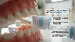 Diagram showing the gentle sonic vibration modes of an AI toothbrush suitable for a baby’s first teeth.
