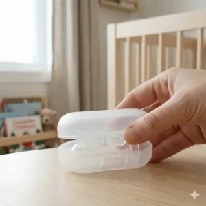 A portable, ventilated storage case for a silicone finger toothbrush for babies, ideal for Canadian parents on the go.