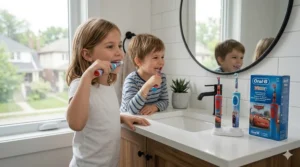 Illustration of a Canadian boy and girl in pajamas starting their morning with Disney-themed electric toothbrushes.