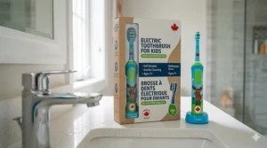 Illustration of electric toothbrush for kids packaging with English and French bilingual labeling for the Canadian market.