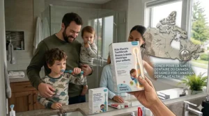 A high-quality graphic of a kids electric toothbrush beside a Canadian map icon, emphasizing national pediatric dental health standards.