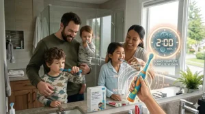 Close-up illustration of a kids electric toothbrush showing a digital 2-minute timer overlay to promote healthy brushing habits for children.