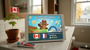 Digital illustration of a smart toothbrush for kids with app settings showing English and French language options (EN/FR).