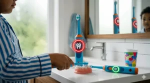 Diagram showing how a pressure sensor on an electric toothbrush protects a 5-year-old's sensitive gums.