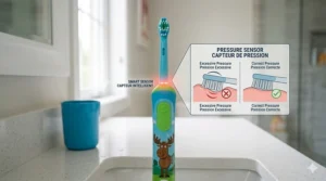 A diagram showing how an electric toothbrush for kids protects sensitive gums with a built-in pressure sensor.