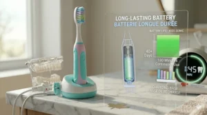 Illustration of a long-lasting rechargeable battery and charging base for a Canadian kids sonic toothbrush.