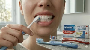 Illustration of soft bristles on a manual toothbrush being used gently along the gumline to prevent sensitivity.